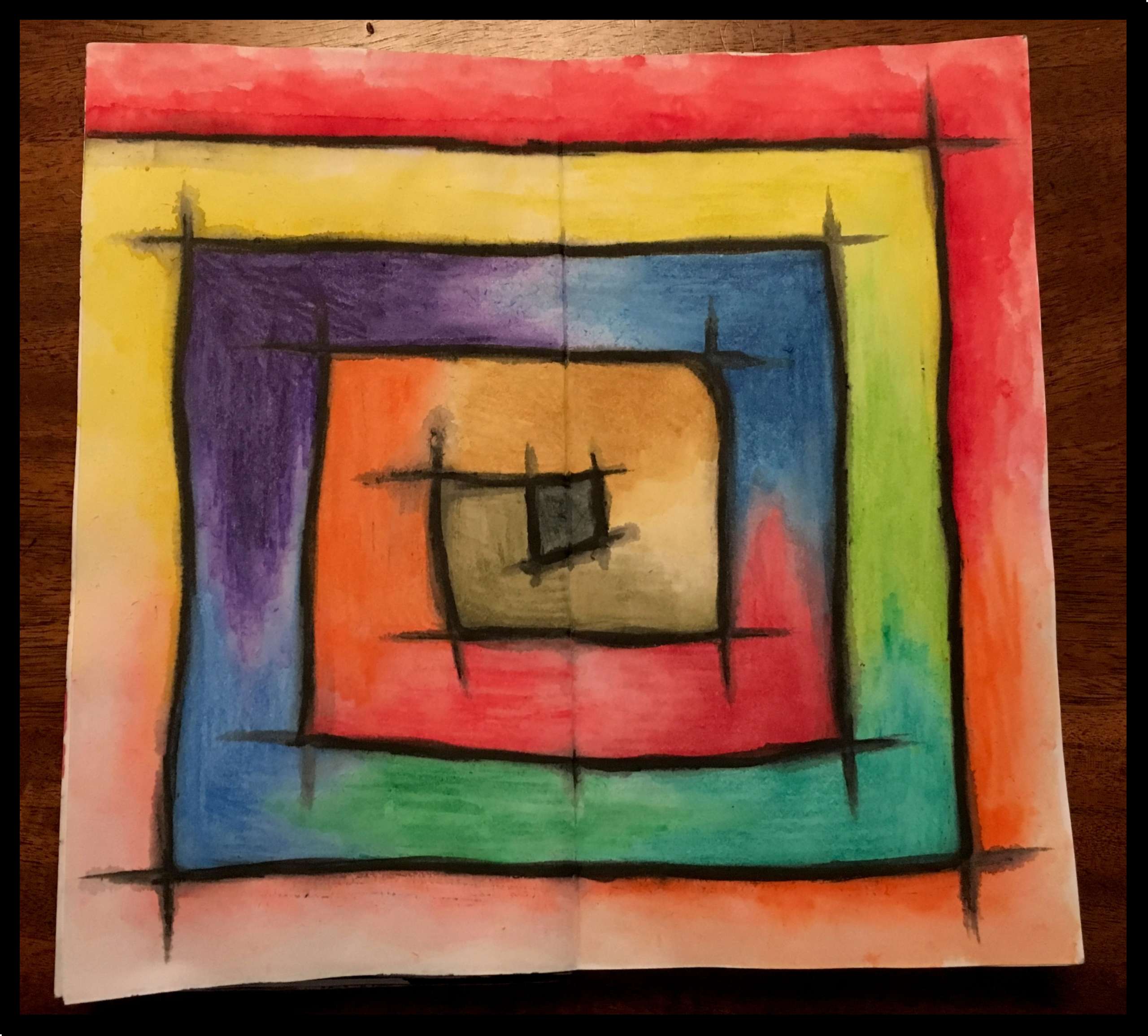Artwork of colorful squares leading to center