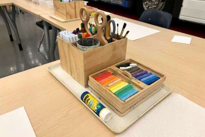 Art Supplies in wood caddies